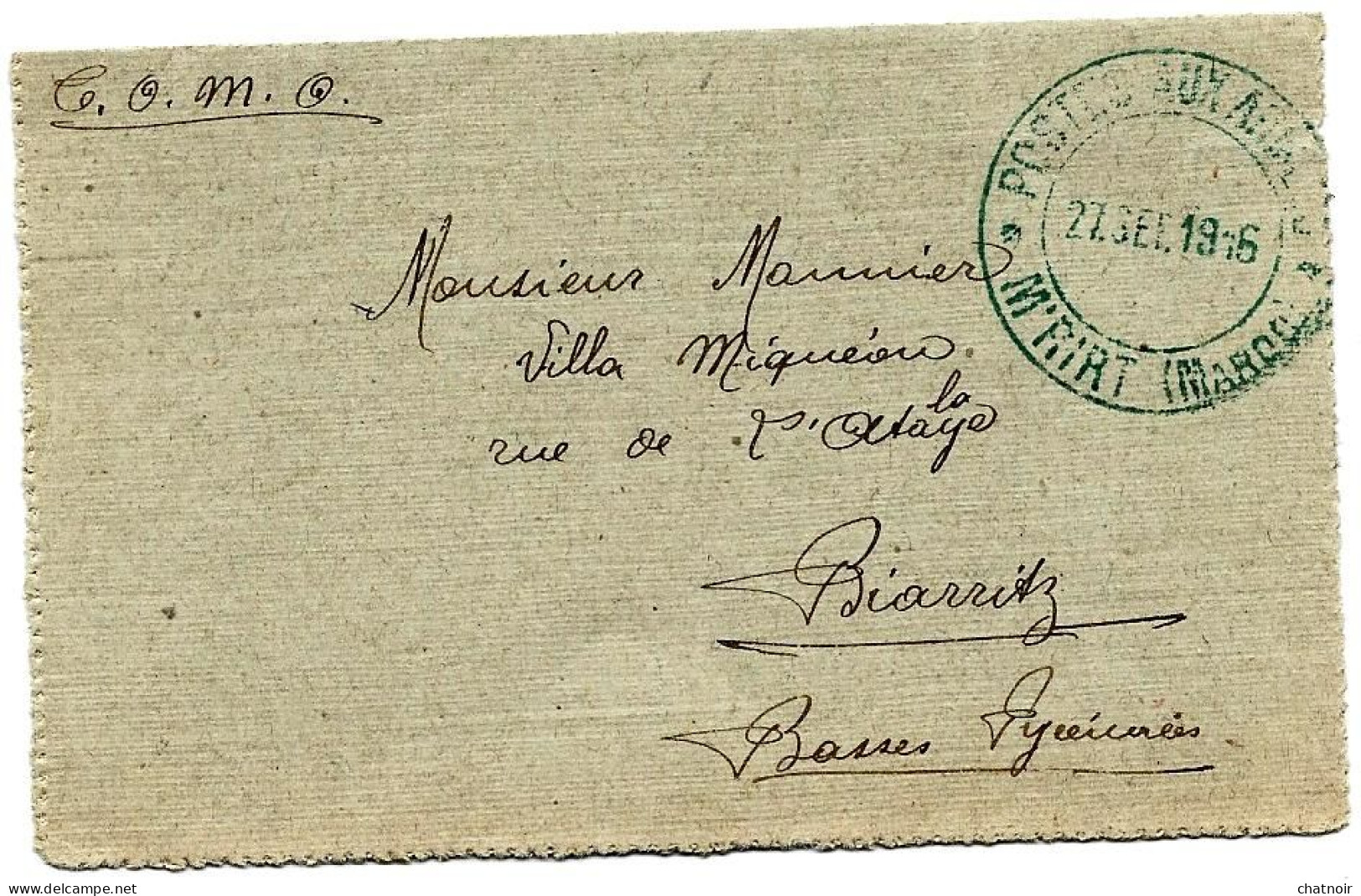 Sur Petite Lettre  Cachet "  Poste Aux ...M'RIRT MAROC 1916 Pour BIARRITZ - Autres - Afrique