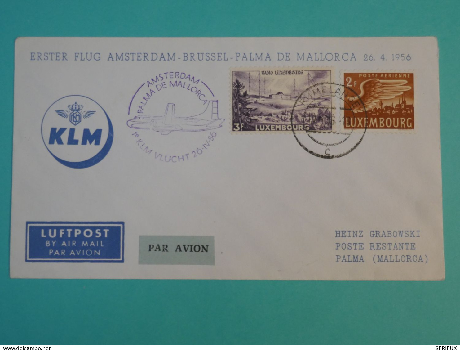 AG0  LUXEMBOURG  BELLE LETTRE   1956  1ER VOL A PALMA MALLORCA  +AMSTERDAM  +AFF. PLAISANT++ + - Lettres & Documents