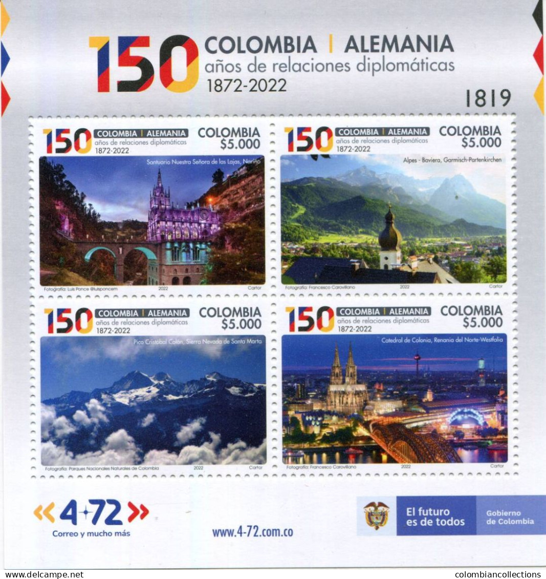 Lote 2022-17P, Colombia, 2022, Pliego, Sheet, Colombia-Alemania, Germany Relations, Snowy Mountain, Church, City Panoram - Colombie