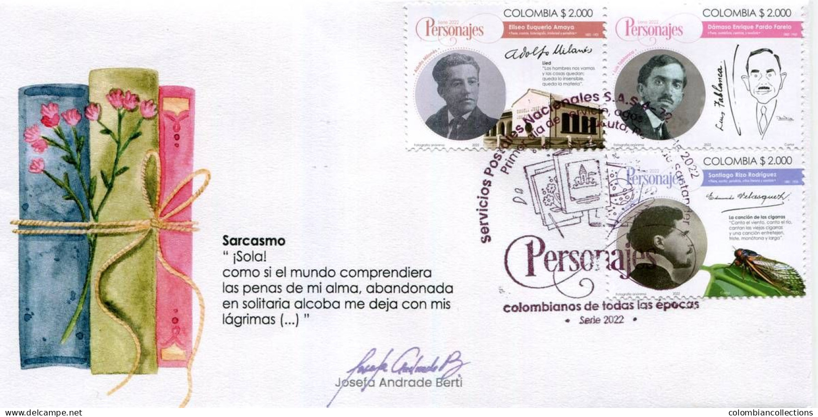 Lote 2022-18F, Colombia, 2022, 3 SPD-FDC, Personajes Colombianos I, Personage, Insect, Writer, Bird - Colombie