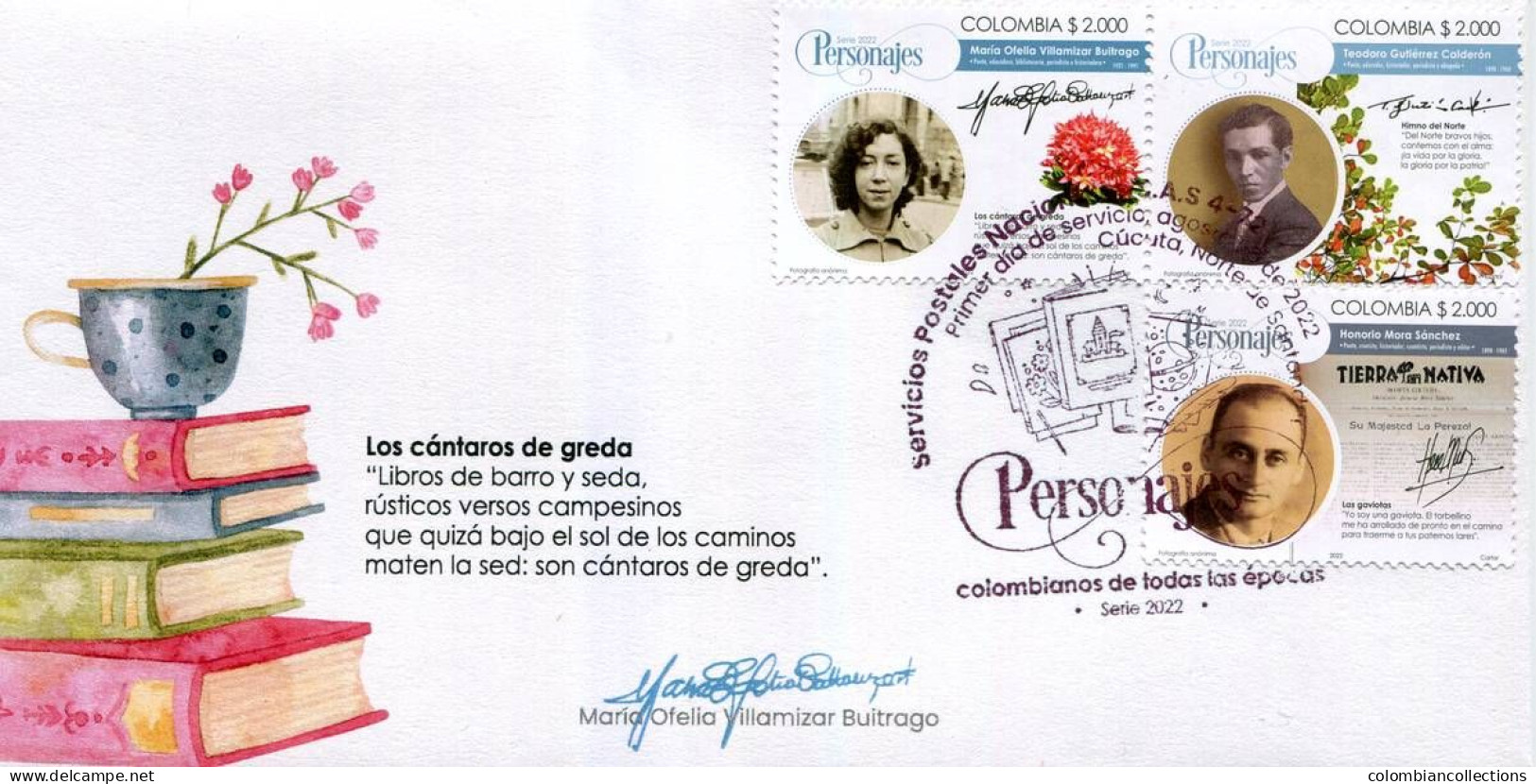 Lote 2022-18F, Colombia, 2022, 3 SPD-FDC, Personajes Colombianos I, Personage, Insect, Writer, Bird - Colombie