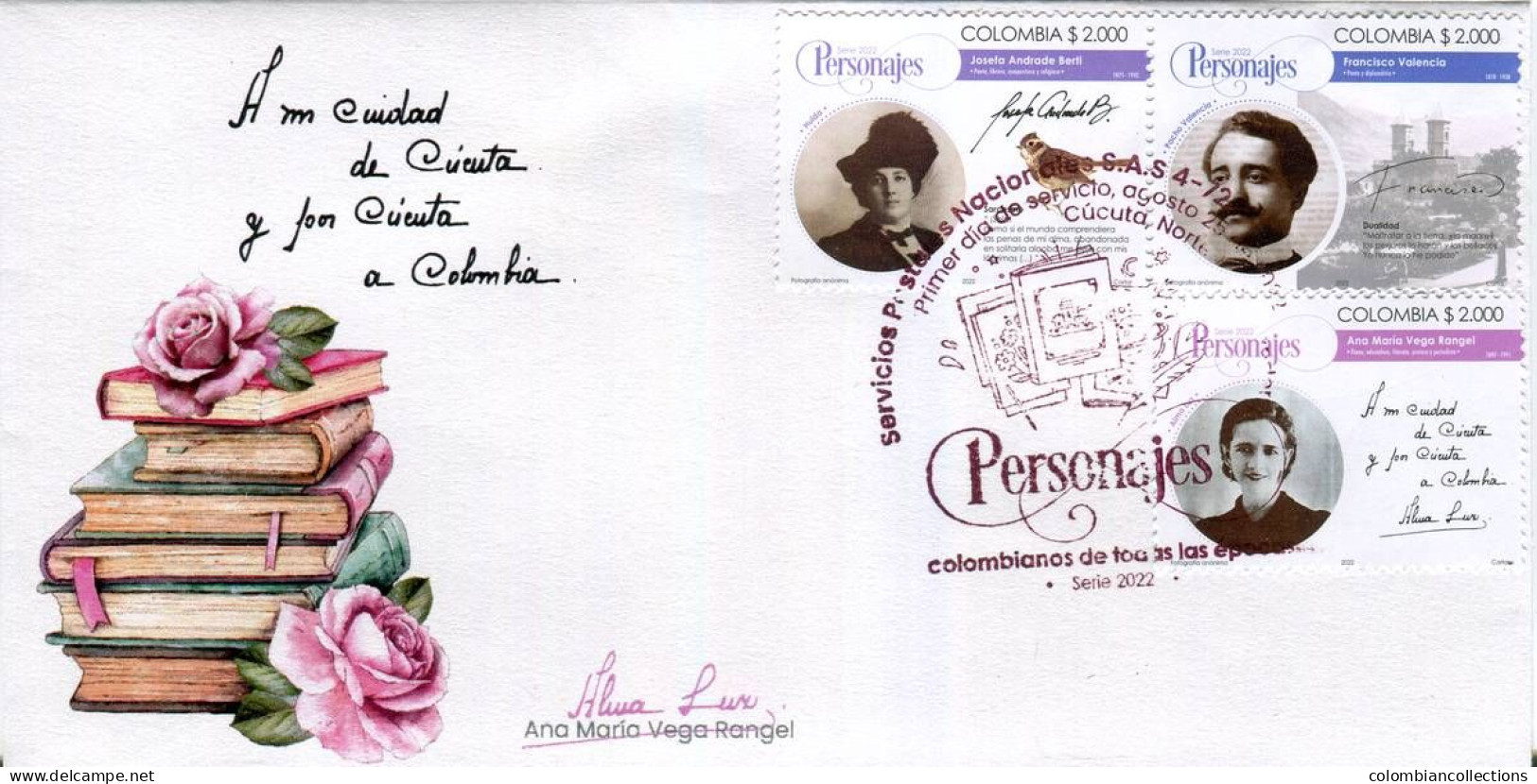 Lote 2022-18F, Colombia, 2022, 3 SPD-FDC, Personajes Colombianos I, Personage, Insect, Writer, Bird - Colombie