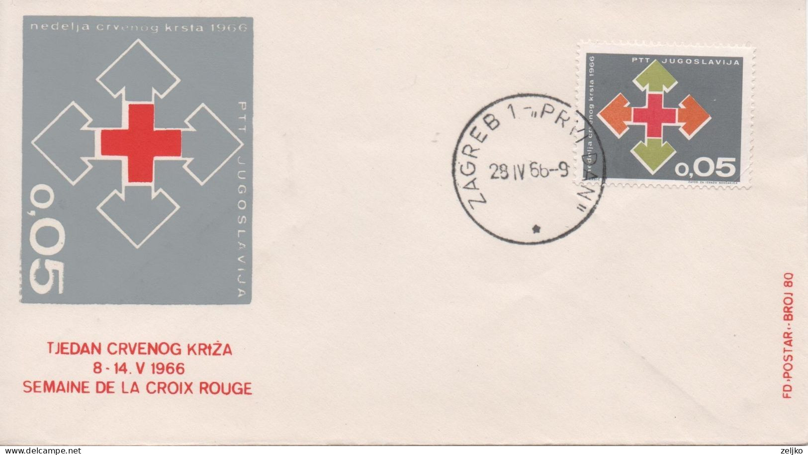 Yugoslavia, Week Of Red Cross 1966, Charity Red Cross Stamp, First Day Cancel Zagreb - Briefe U. Dokumente