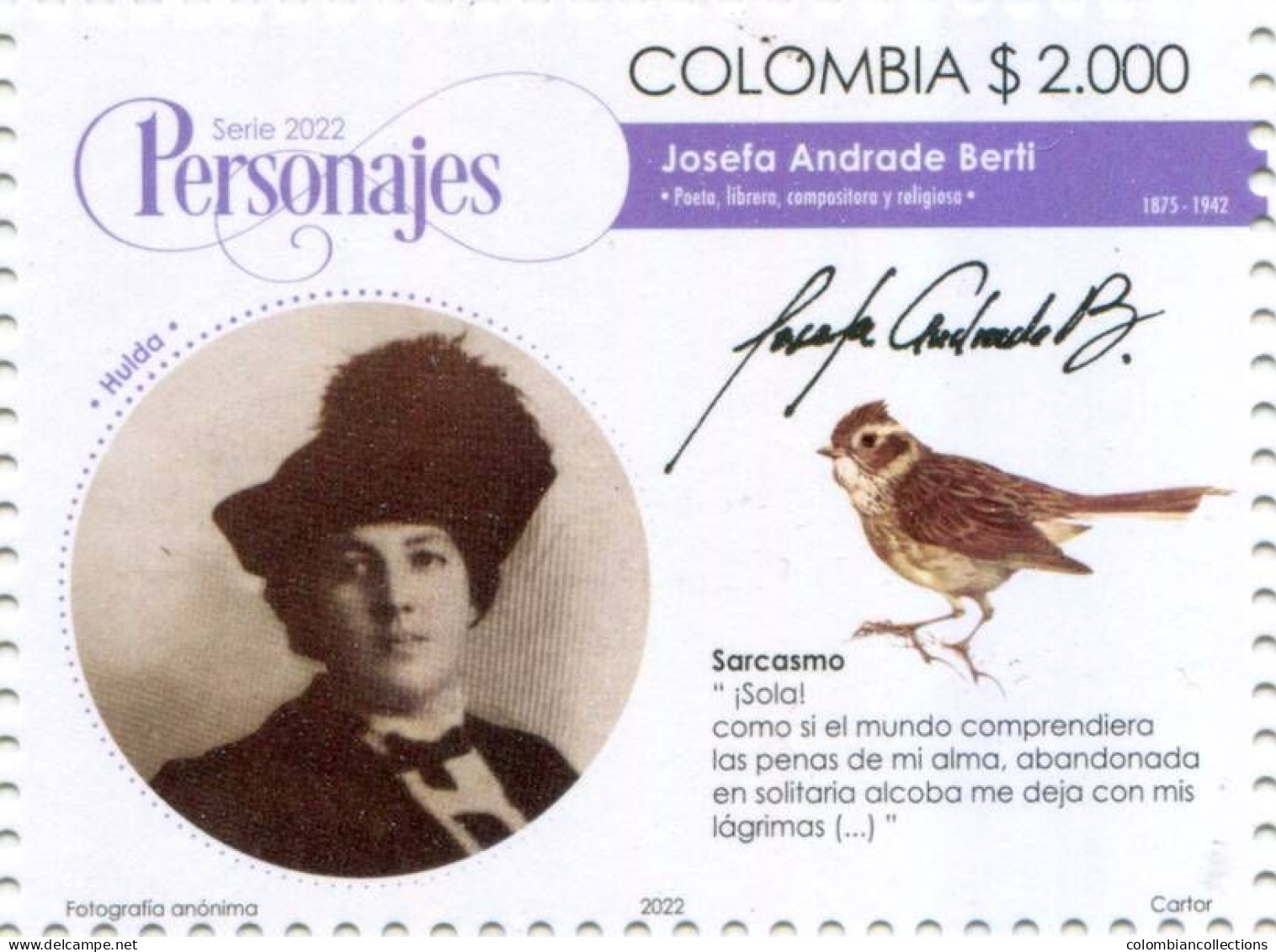 Lote 2022-18.1, Colombia, 2022, Sello Stamp, Personajes Colombianos I, Personage,  Bird, Josefa Andrade - Colombie