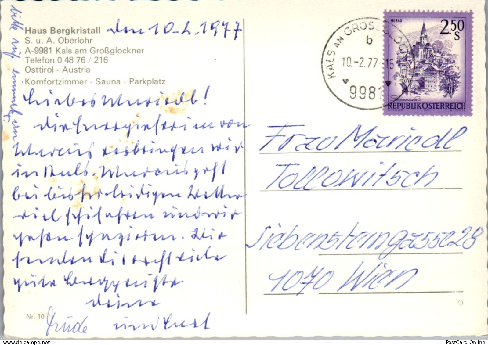 47482 - Tirol - Kals , Haus Bergkristall , S. U. A. Oberlohr - Gelaufen 1977 - Kals