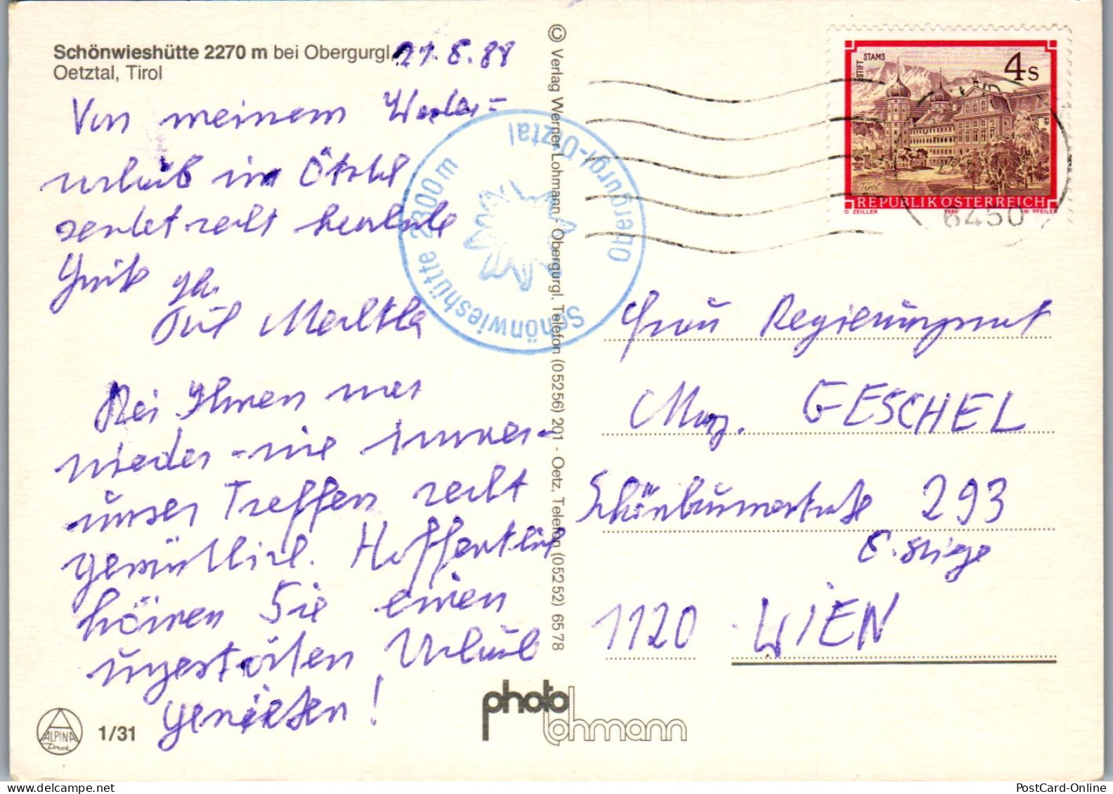 47463 - Tirol - Obergurgl , Schönwieshütte , Ötztal - Gelaufen 1988 - Sölden