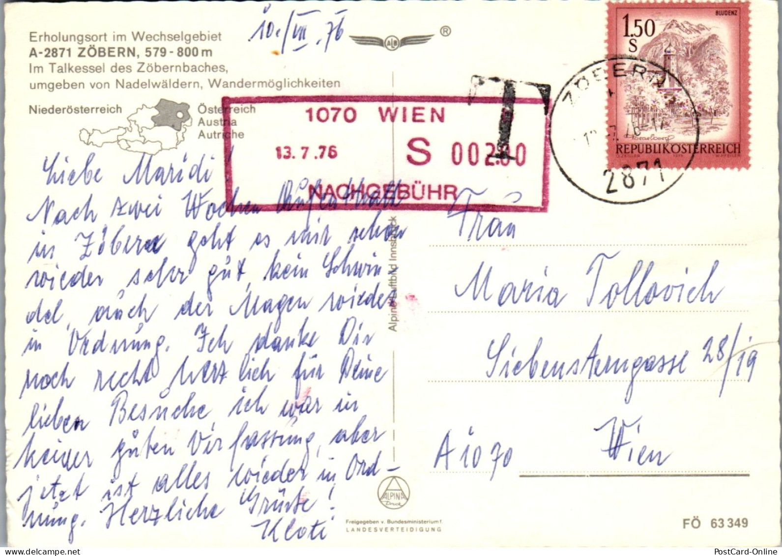 47430 - Niederösterreich - Zöbern , Panorama , Wechsel , L. Beschädigt , Nachgebühr Stempel - Gelaufen 1976 - Neunkirchen