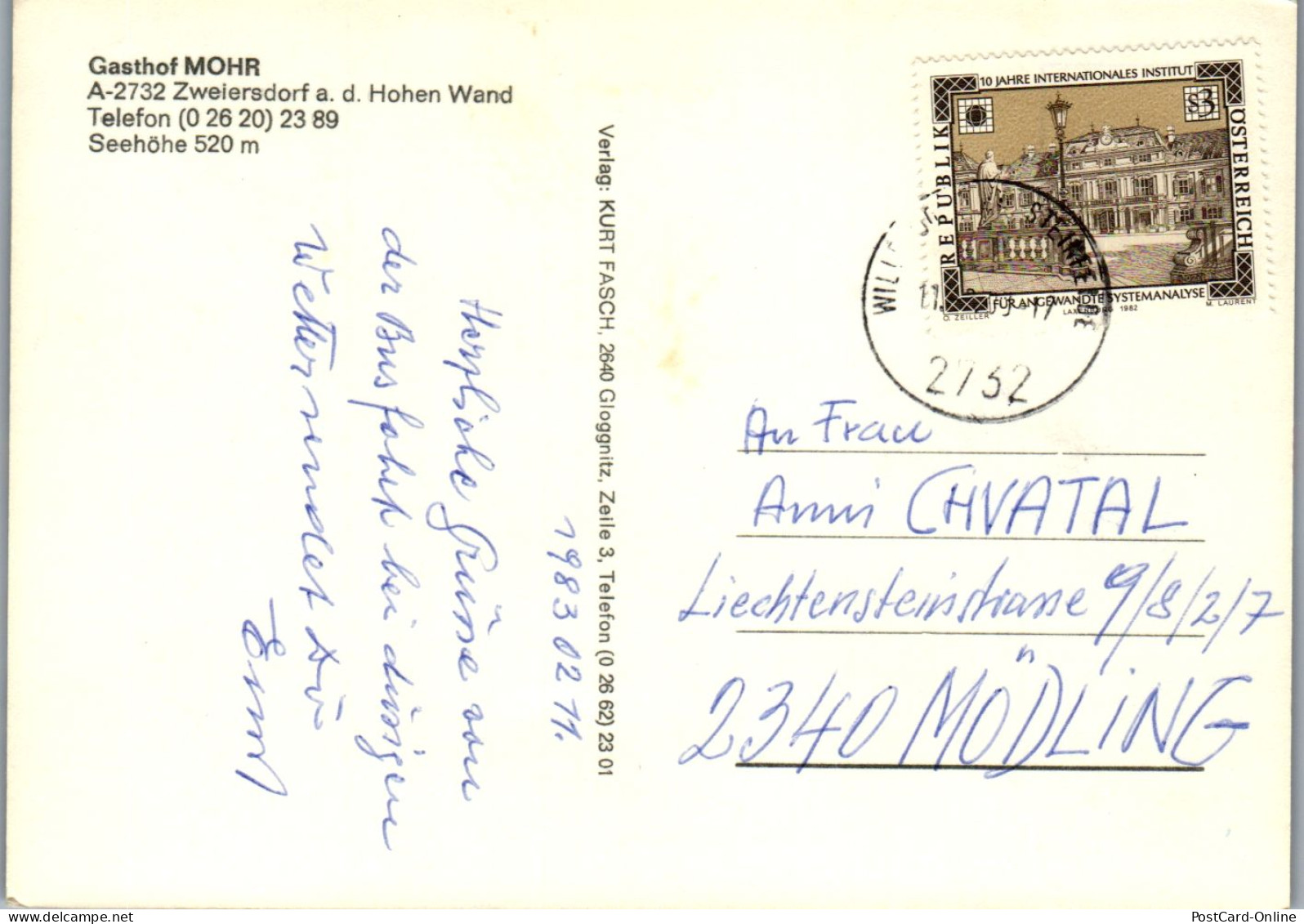 47434 - Niederösterreich - Zweiersdorf , A. D. Hohen Wand , Gasthof Pension Mohr - Gelaufen 1983 - Neunkirchen