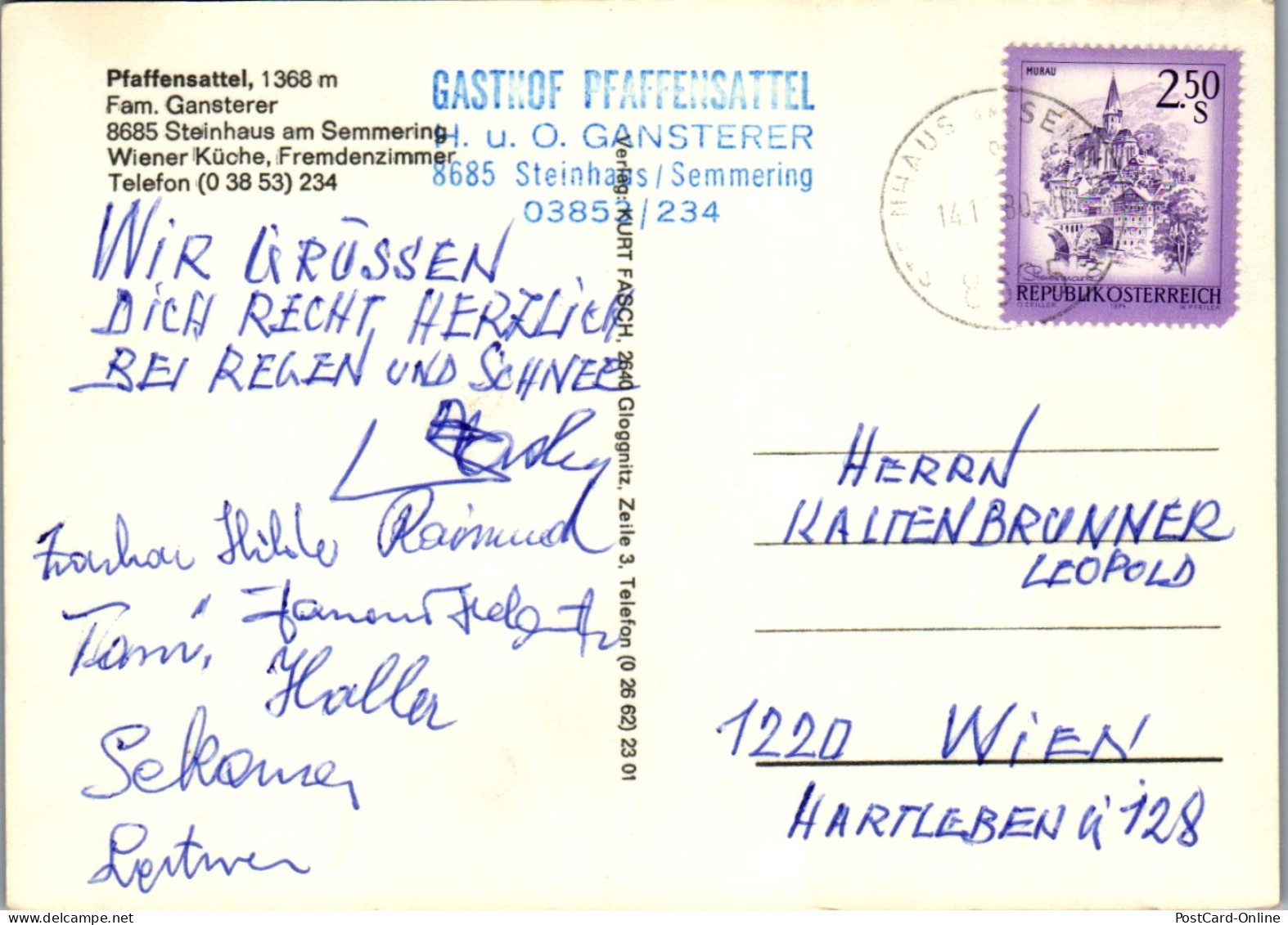 47378 - Steiermark - Steinhaus Am Semmering , Pfaffensattel , Gasthaus , Auto , VW Käfer , Fam. Gansterer - Gel. 1980 - Steinhaus Am Semmering