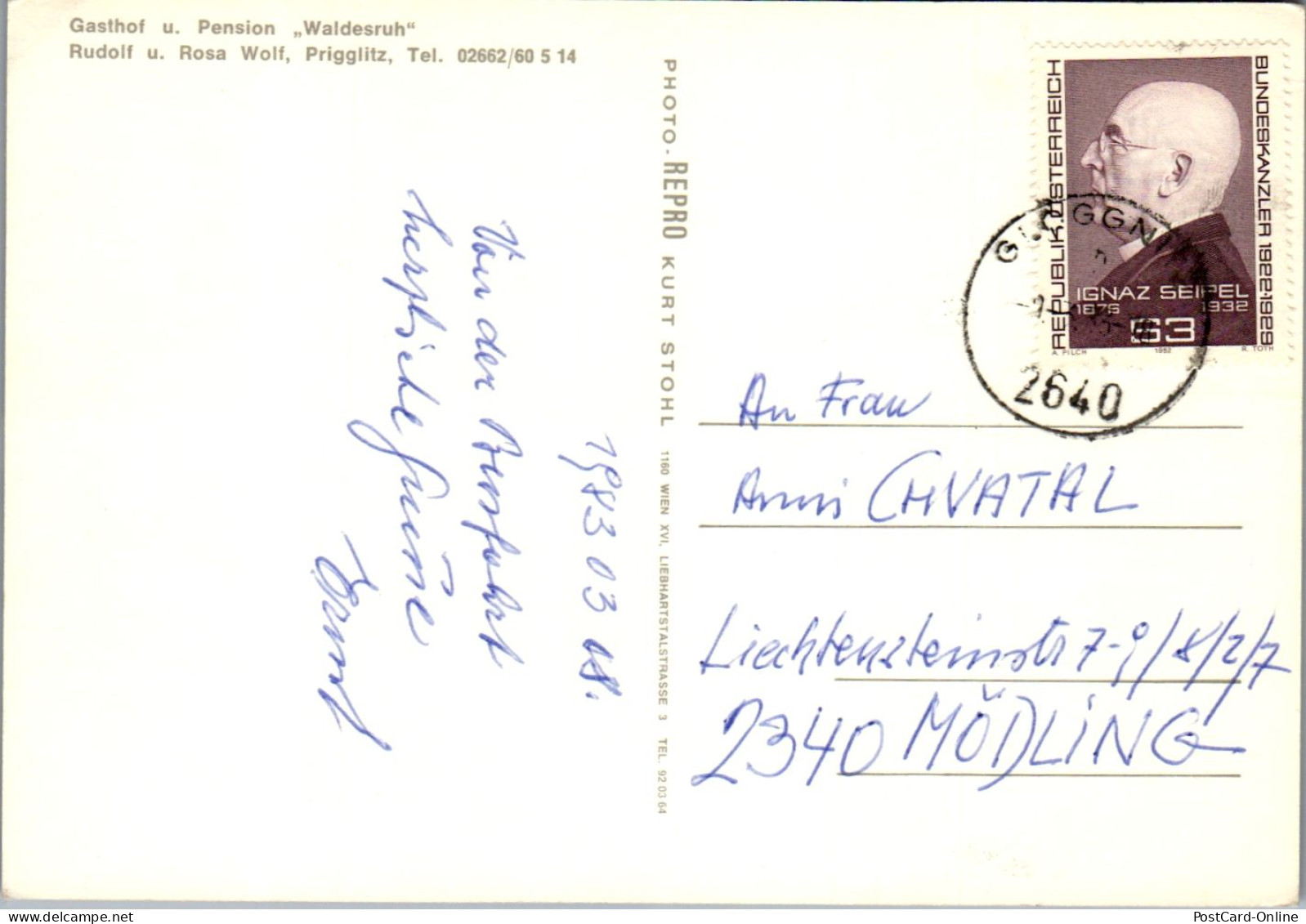 47367 - Niederösterreich - Prigglitz , Heimat Jagdmuseum , Pension Wolf , Waldesruh , Rudolf U. Rosa Wolf - Gel. 1983 - Neunkirchen