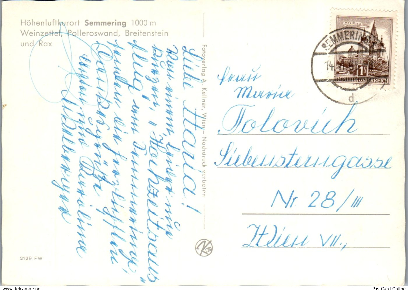 47253 - Niederösterreich - Semmering , Weinzettel , Polleroswand , Breitenstein Und Rax - Gelaufen 1965 - Semmering