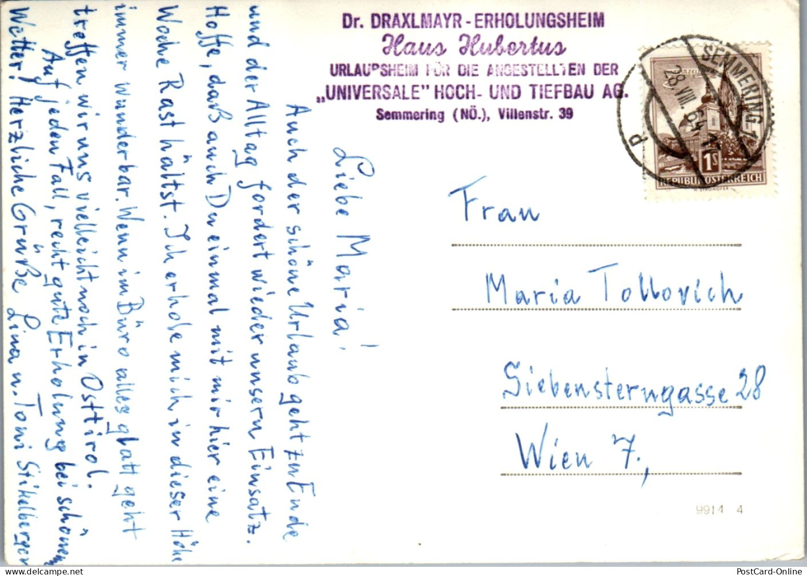 47255 - Niederösterreich - Semmering , Haus Hubertus , Dr. Drexelmayr Erholungsheim - Gelaufen 1964 - Semmering