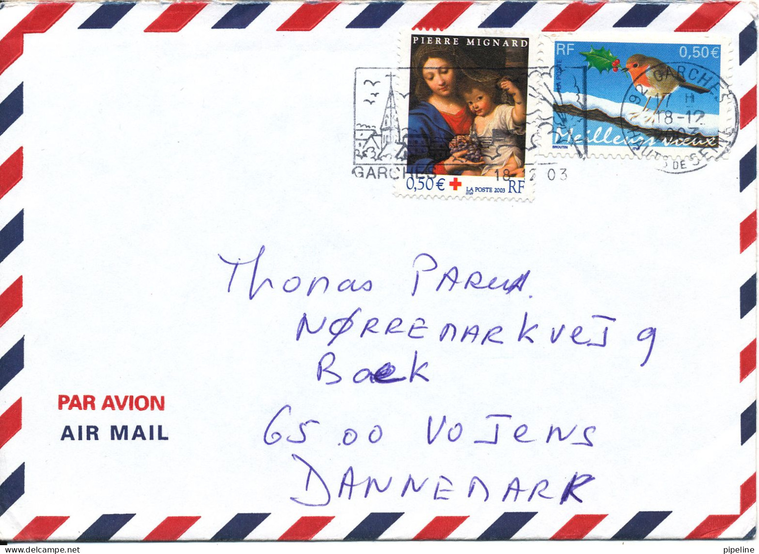 France Air Mail Cover Sent To Denmark Garches 18-12-2003 Topic Stamps RED CROSS And BIRD - Autres & Non Classés