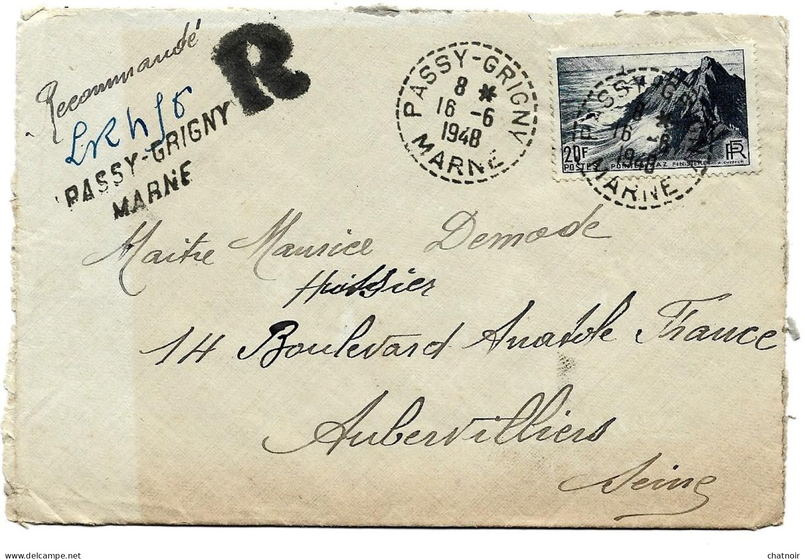 Envel  Ouverte   Recom   De PASSY GRIGNY   MARNE  Avec  20F   Pour Aubervilliers   1948 - Cartas & Documentos