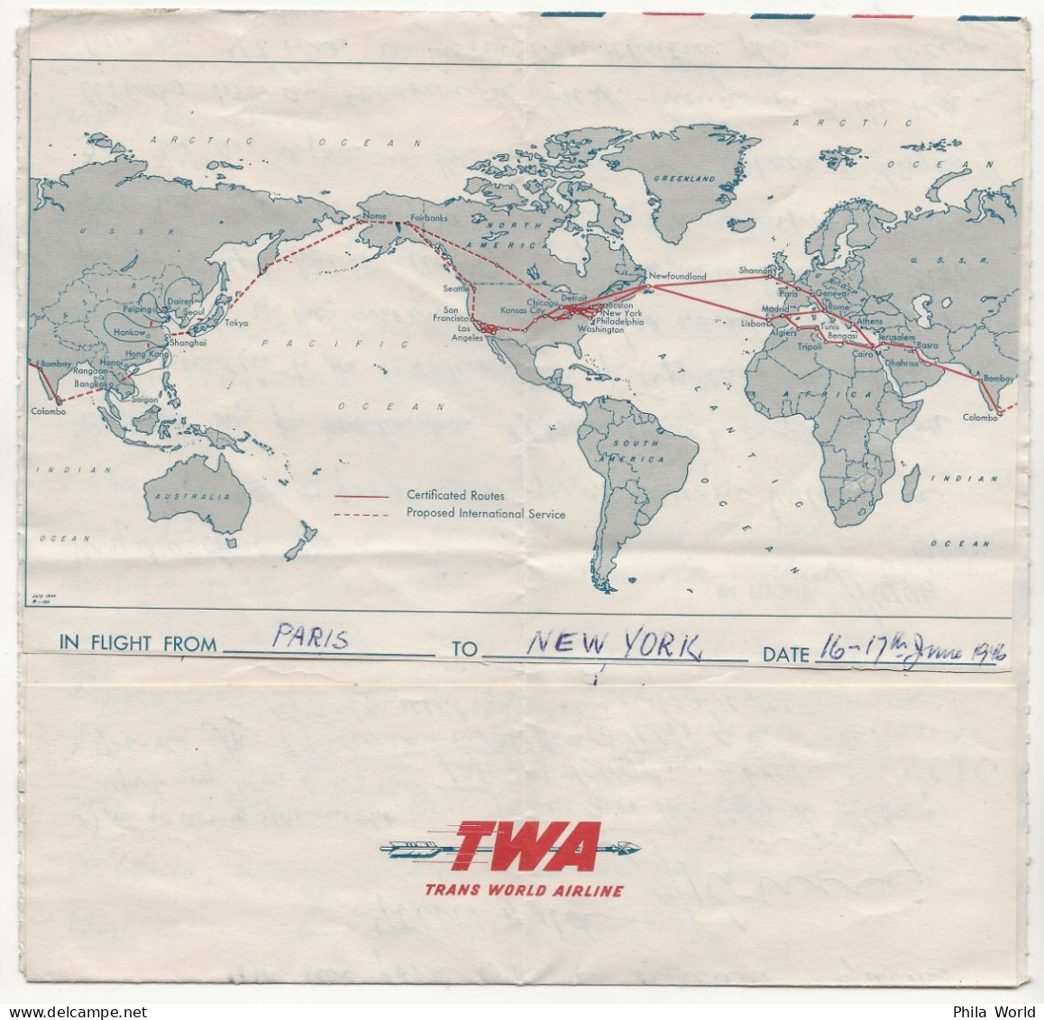 TWA 1946 Aerogramme US To Bern Switzerland In Flight From PARIS To NEW YORK Certificated Routes Trans World Airline - Cartas & Documentos