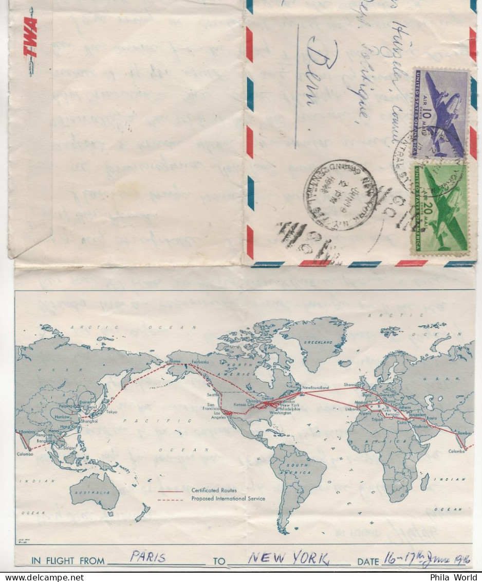 TWA 1946 Aerogramme US To Bern Switzerland In Flight From PARIS To NEW YORK Certificated Routes Trans World Airline - Cartas & Documentos