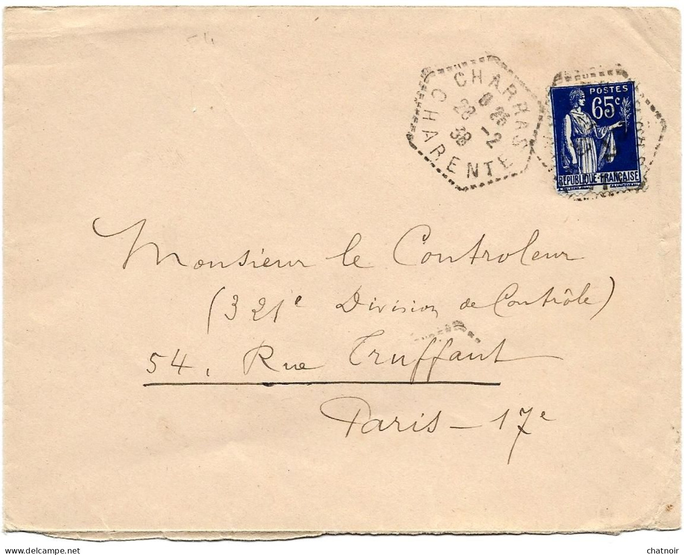 Envel  Oblit  F4    CHARRAS  CHARENTE    65 C Paix   1938 - Cartas & Documentos