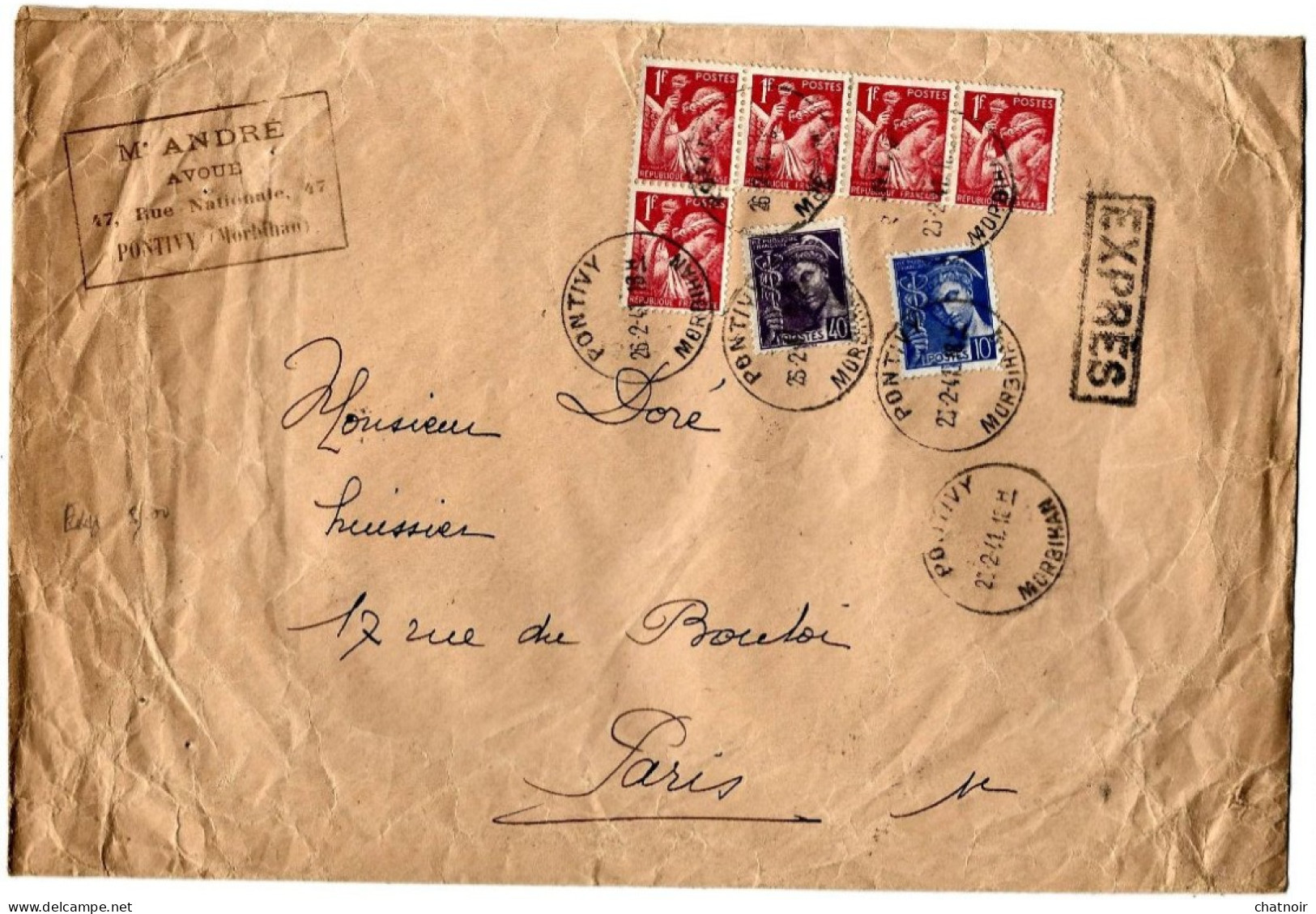 Envel  EXPRESS  Avec  Iris Et Mercure   Oblit  PONTIVY  MORBIHAN  1941 - Storia Postale