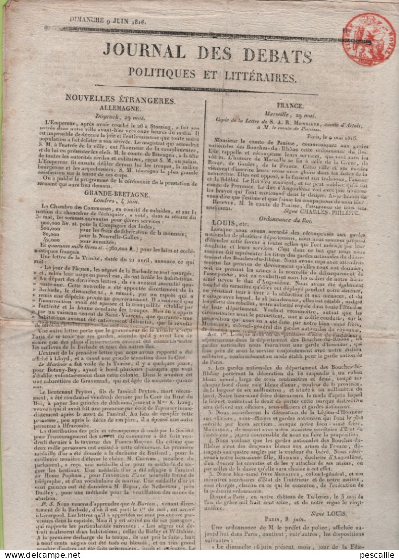 JOURNAL DES DEBATS 07 06 1816 - BARBADE TRINIDAD - MARSEILLE - PROCES DU GENERAL BONNAIRE & DU LIEUTENANT MIETTON - 1800 - 1849
