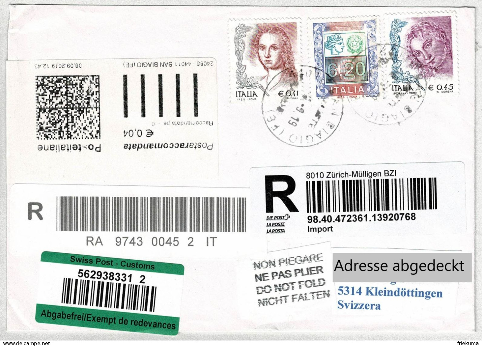 Italien / Italia 2019, Brief Einschreiben San Biago - Kleindöttingen, Teilfrankatur Mit Briefmarken - 2011-20: Poststempel