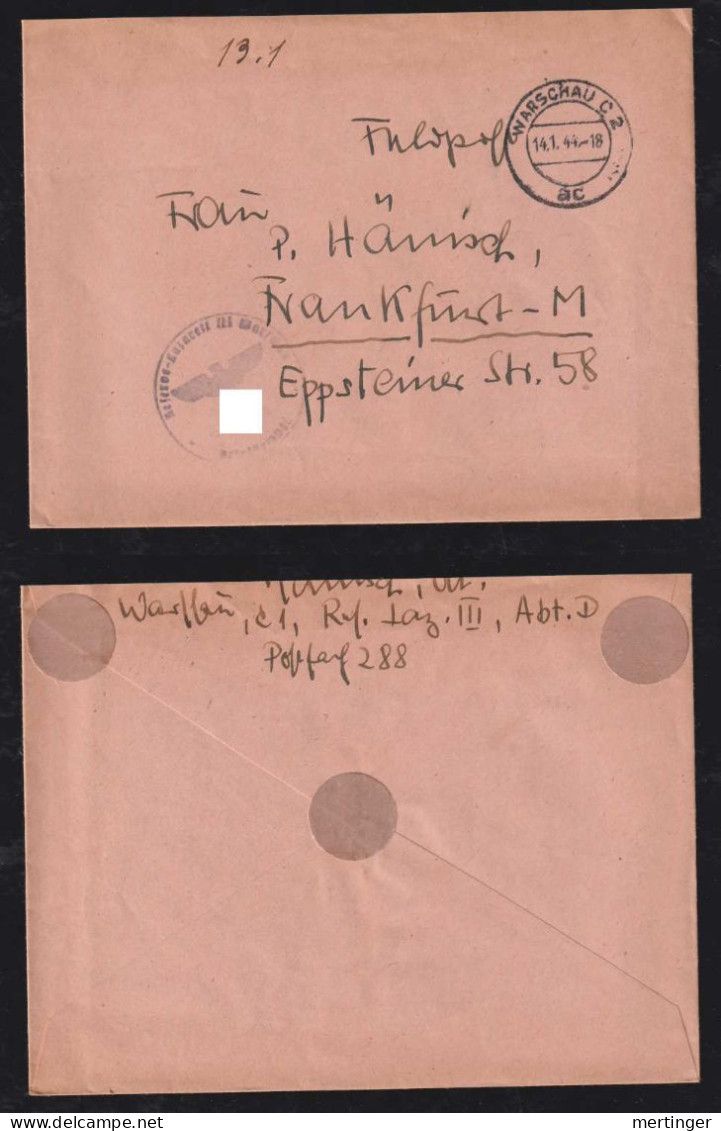 Generalgouvernement 1944 Feldpost Brief WARSCHAU X FRANKFURT - Gouvernement Général
