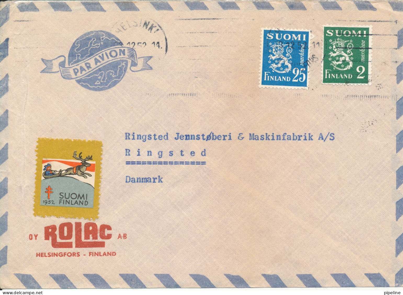 Finland Air Mail Cover Sent To Denmark 23-12-1952 Lion Stamps + Christmas Seal - Storia Postale