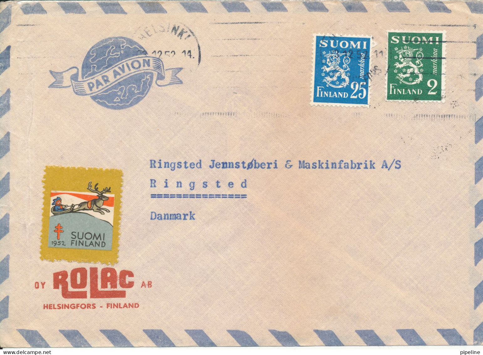 Finland Air Mail Cover Sent To Denmark 23-12-1952 Lion Stamps + Christmas Seal - Covers & Documents