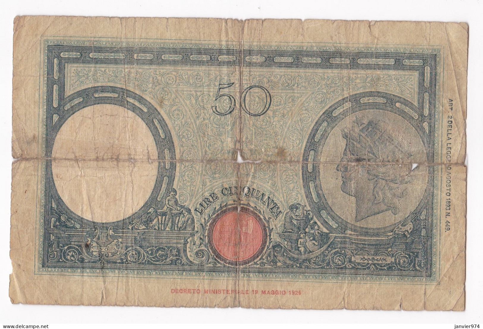 50 Lire 1943, Alph. X 10 N° 095897 , Billet Circulé  - 50 Liras