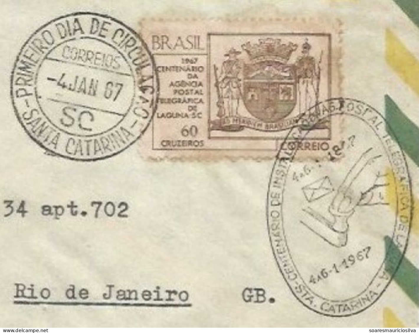 Brazil 1967 Cover Commemorative Cancel Centenary Of The Installation Of The Postal Telegraph Agency Of Laguna - Cartas & Documentos