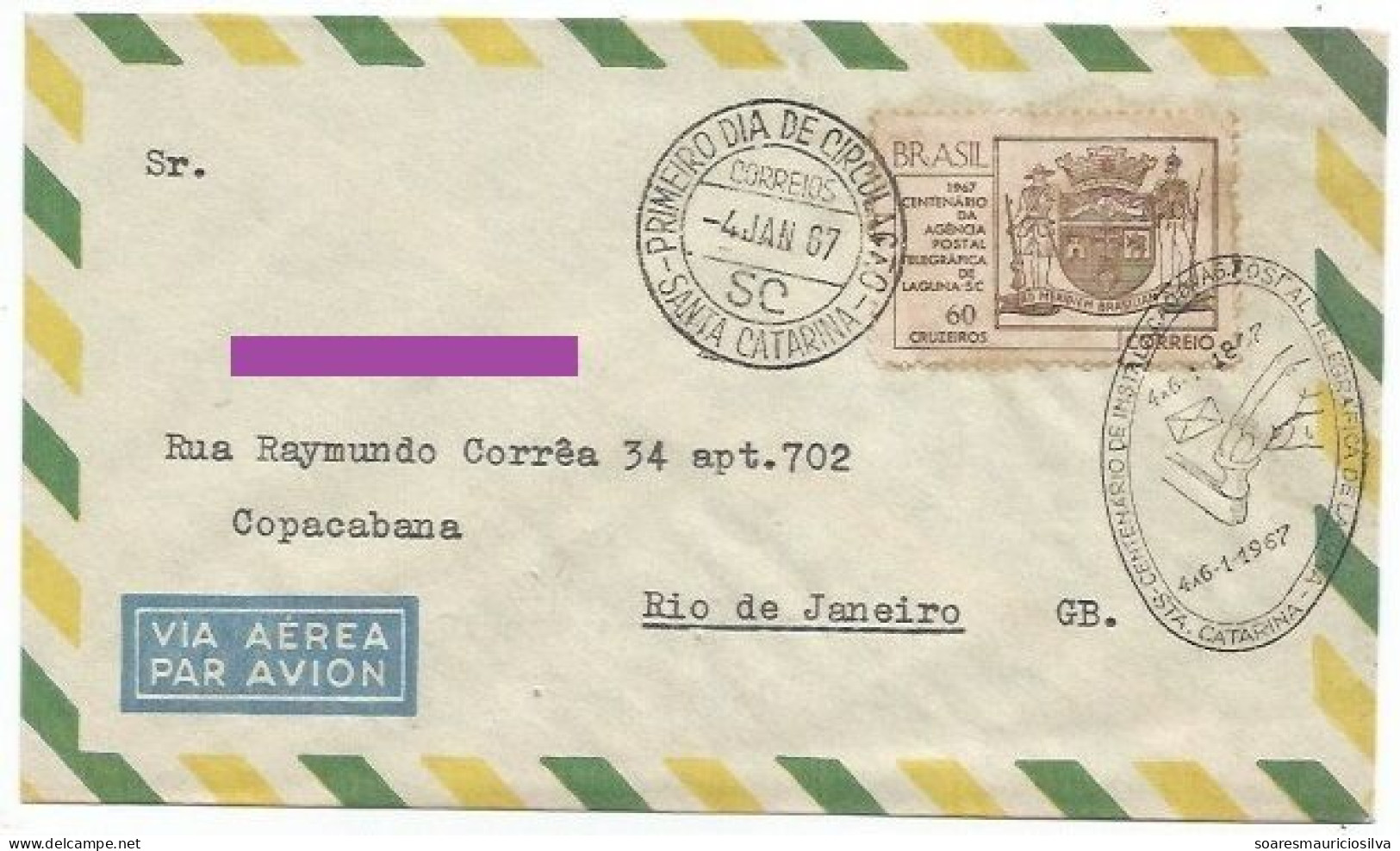 Brazil 1967 Cover Commemorative Cancel Centenary Of The Installation Of The Postal Telegraph Agency Of Laguna - Cartas & Documentos