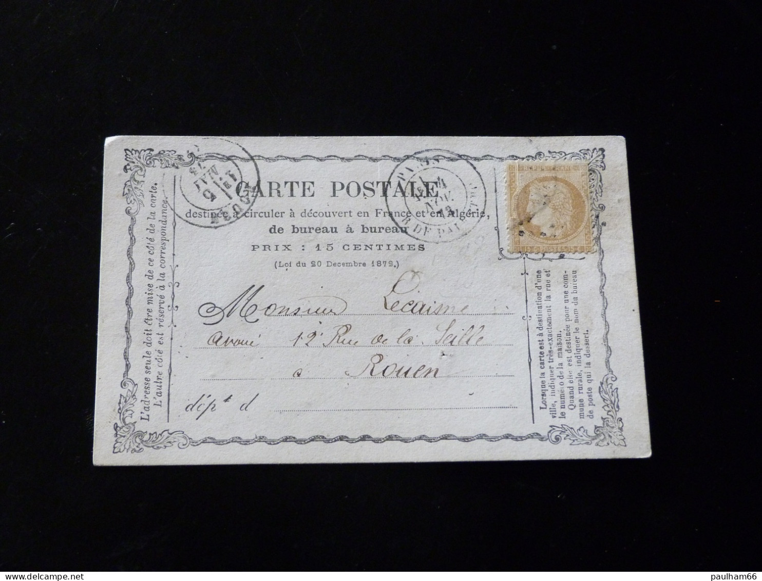 CARTE PRECURSEUR DE PARIS POUR ROUEN  -  1873  -  15 C EMPIRE FRANC - Precursor Cards