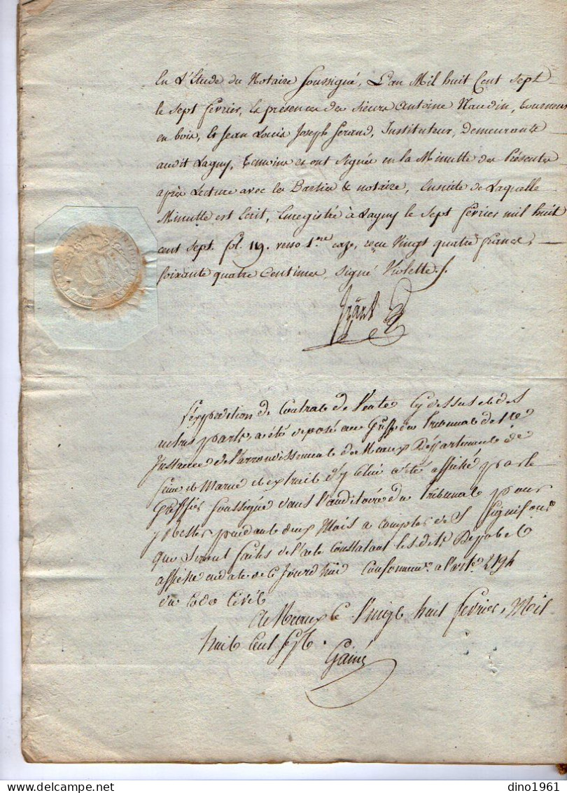 VP22.696 - Acte De 1807 - Vente De Terre Sise à THORIGNY Par M. DELAMOTTE De LAGNY à BUREAU, Marchand De Fer & Epicier - Manuscrits