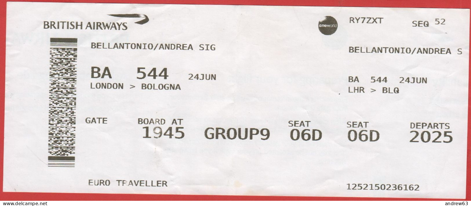 BRITISH AIRWAYS - BA 544 - LONDON-BOLOGNA - Carta D'Imbarco - Boarding Pass - Europe