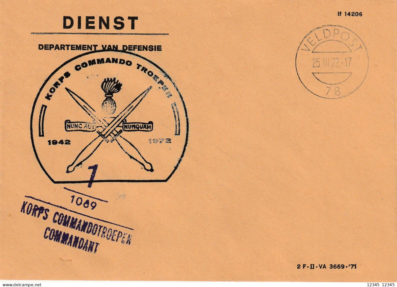 Veldpost 1972, Departement Van Defensie, Korps Commandotroepen - Cartas & Documentos