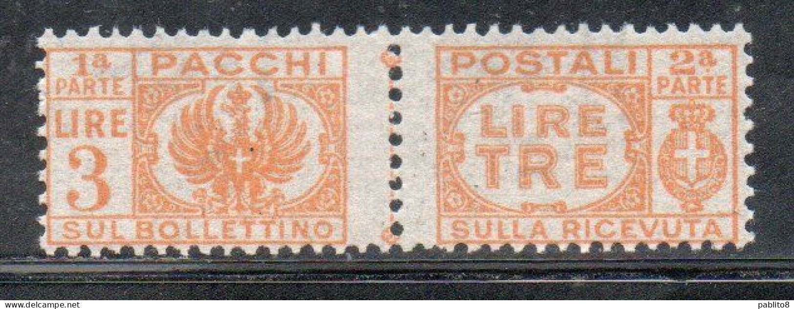 ITALIA REGNO ITALY KINGDOM 1946 LUOGOTENENZA PACCHI POSTALI SENZA FASCI PARCEL POST LIRE 3 MNH - Pacchi Postali