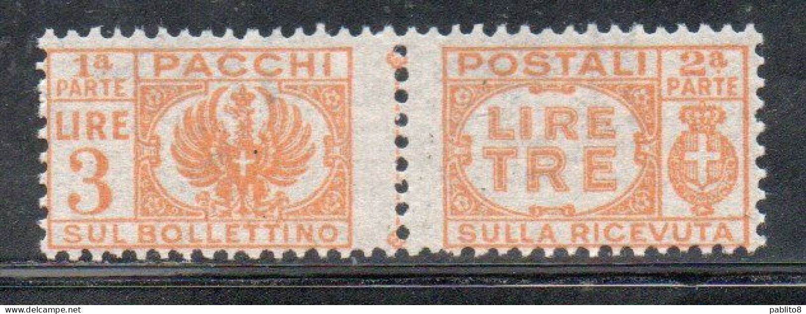 ITALIA REGNO ITALY KINGDOM 1946 LUOGOTENENZA PACCHI POSTALI SENZA FASCI PARCEL POST LIRE 3 MNH - Paketmarken