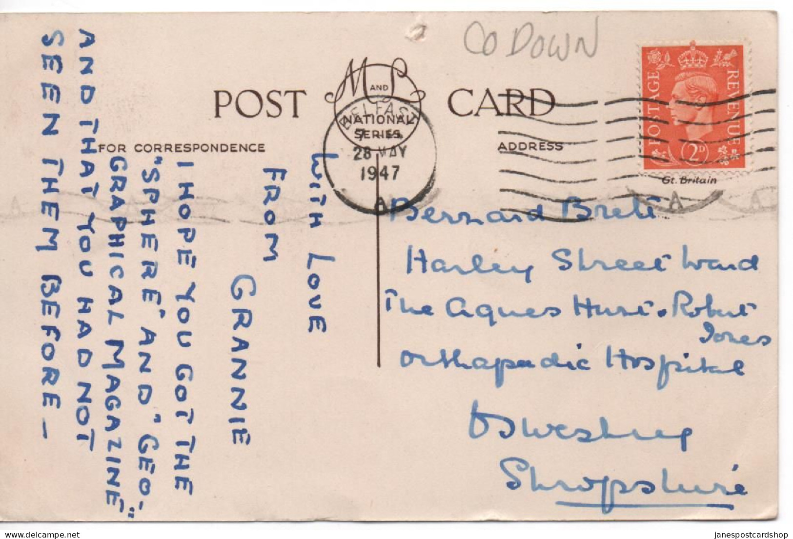 SCRABO HILL AND TOWER NEWTOWNARDS - COUNTY DOWN - IRELAND  - BBELFAST  POSTMARK -1947 - Down