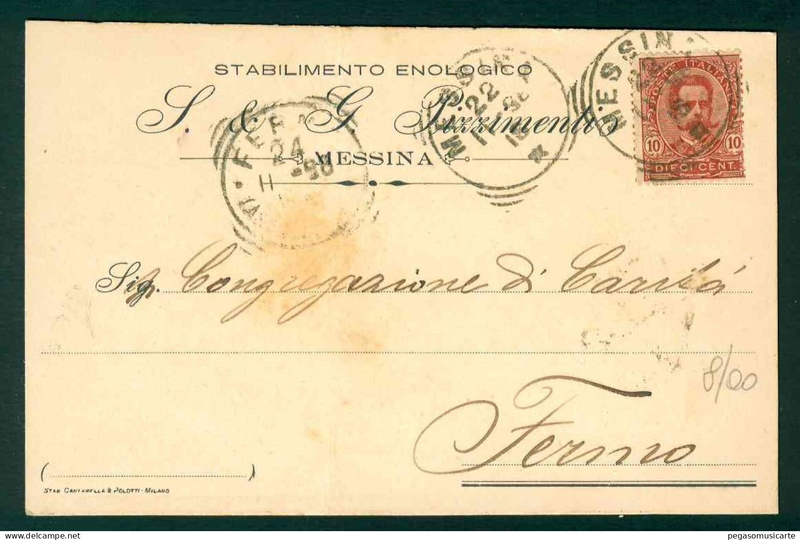 BB033 - STABILIMENTO ENOLOGICO PIZZIMENTI MESSINA 1898 CARTOLINA COMMERCIALE PER FERMO - Mercaderes