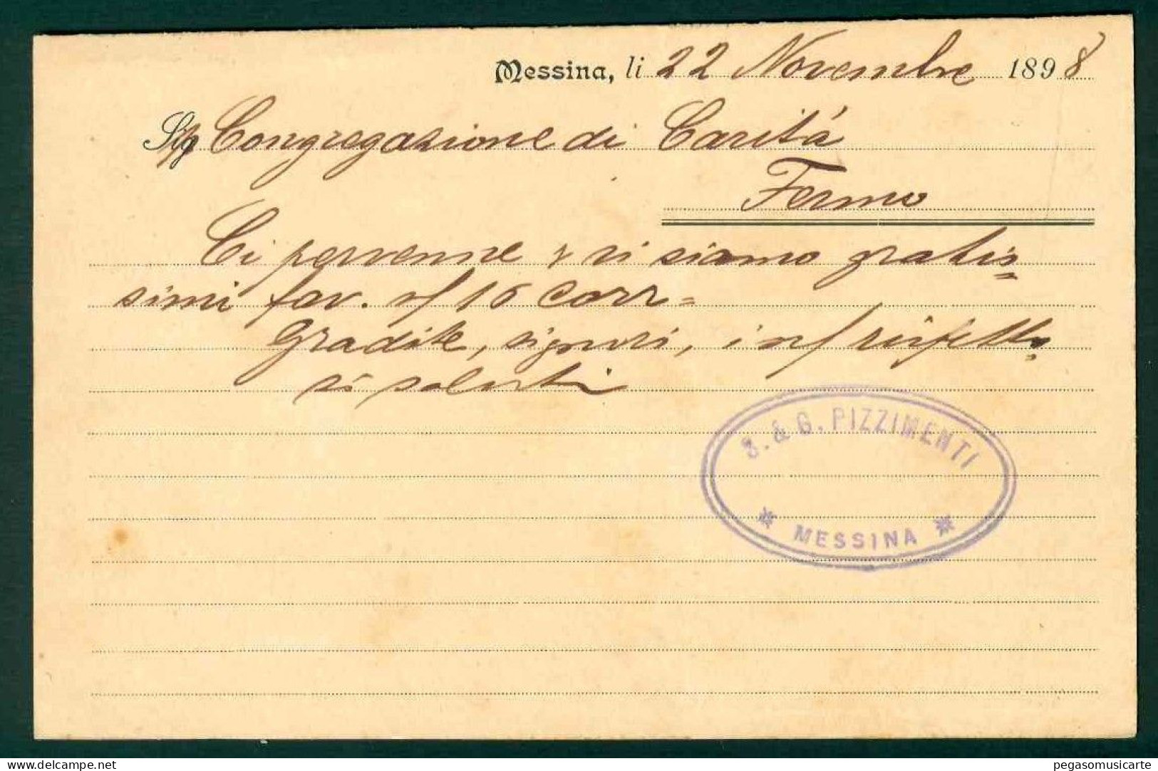 BB033 - STABILIMENTO ENOLOGICO PIZZIMENTI MESSINA 1898 CARTOLINA COMMERCIALE PER FERMO - Mercanti