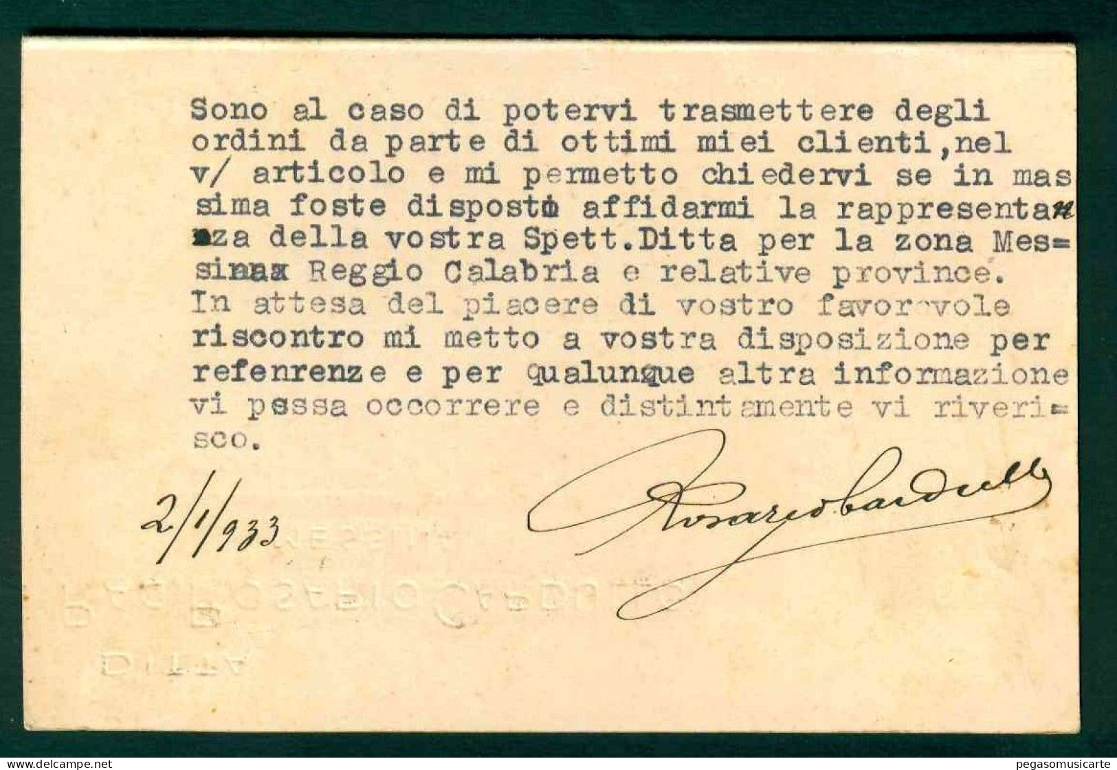 BB034 - DITTA ROSARIO CARDULLO MESSINA 1933 CARTOLINA COMMERCIALE PER S ELPIDIO A MARE ASCOLI PICENO - Mercanti