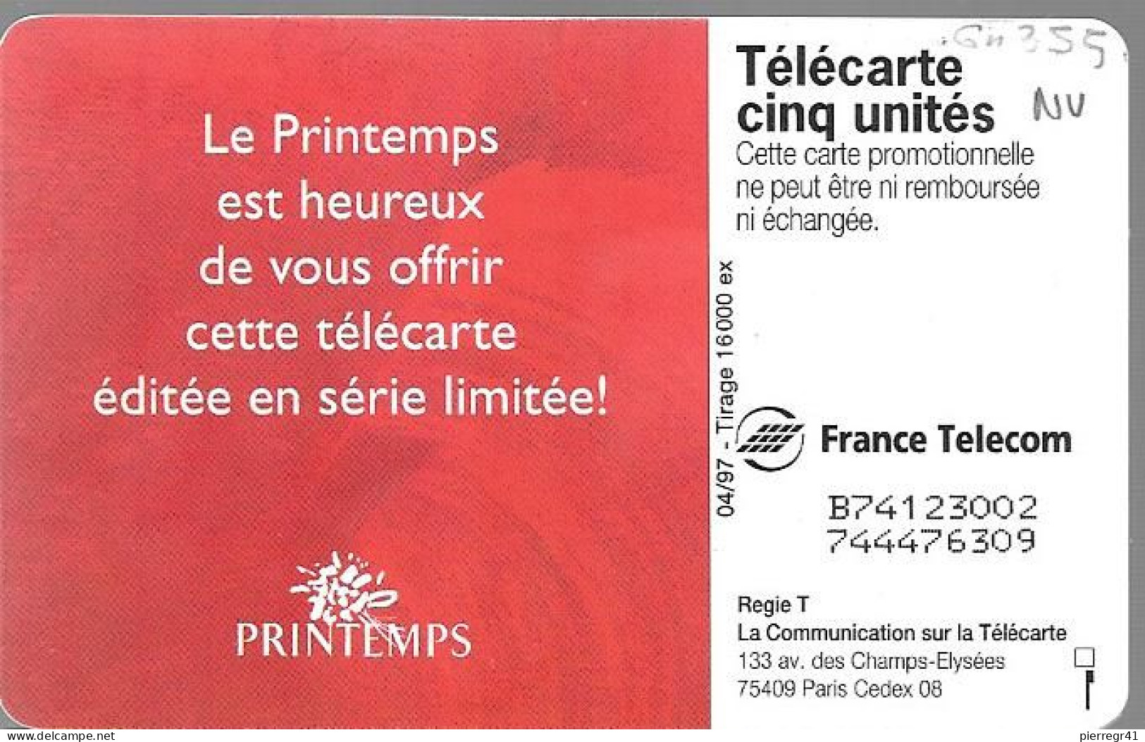 CARTE²-PRIVEE-5U-04/97-G355-MAGASINS PRINTEMPS-V° Série 3002-Utilisé-TBE -LUXE - 5 Eenheden