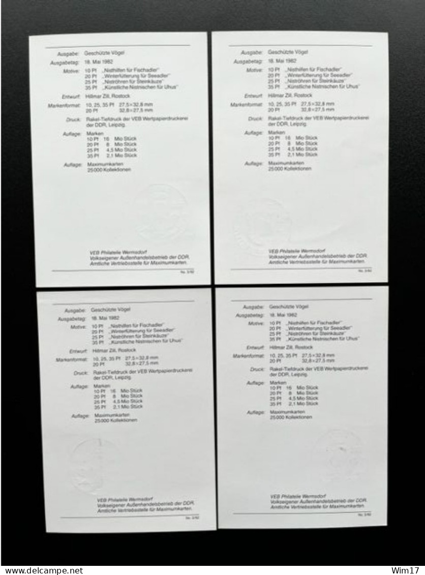 EAST GERMANY DDR 1982 SET OF 4 MAXIMUM CARDS BIRDS OWLS MI 2702/2705 18-05-1982 OOST DUITSLAND - Maximum Cards