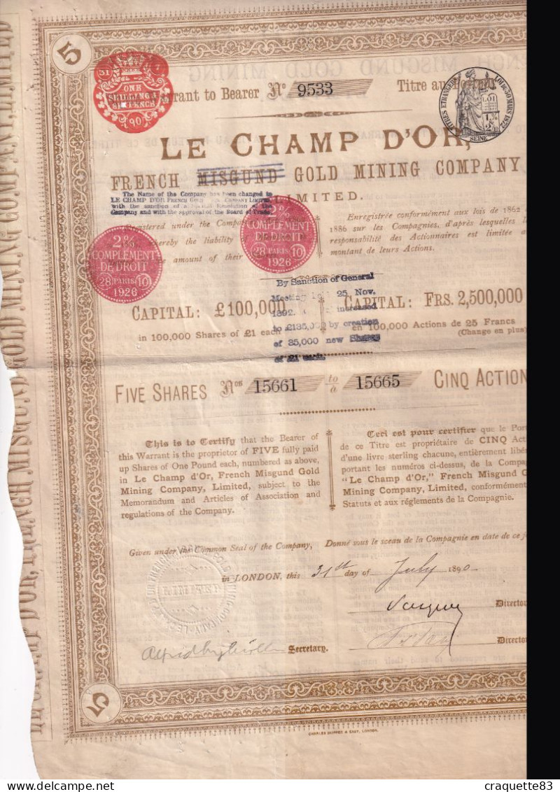 LE CHAMP D'OR FRENCH GOLD MINING COMPANY  N15661 à 15665 5 ACTIONS London 1890 - Autres & Non Classés
