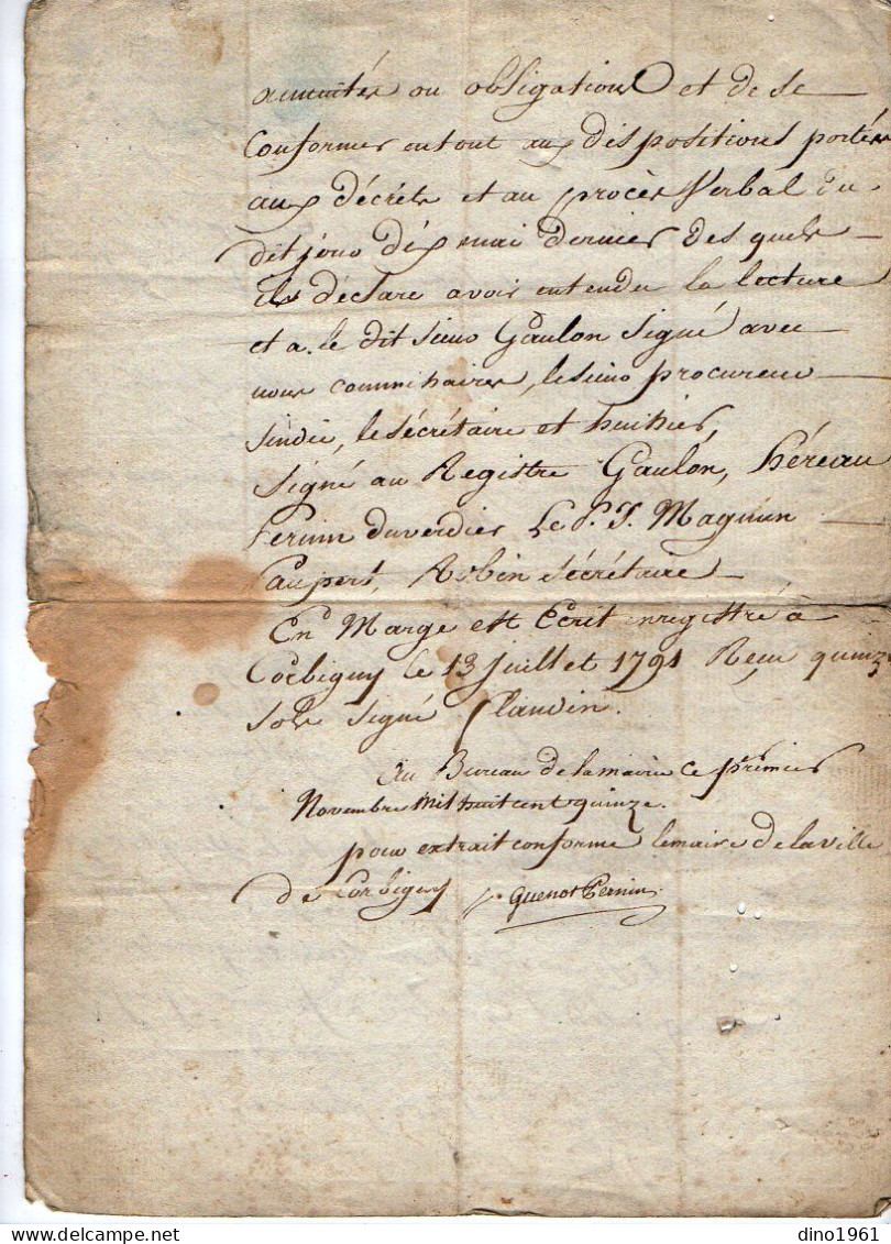 VP22.704 - 1815 - CLAMECY -  Mairie De La Ville De CORBIGNY 1791 - Extrait Des Adjudications De Biens Nationaux ....... - Manuscripts