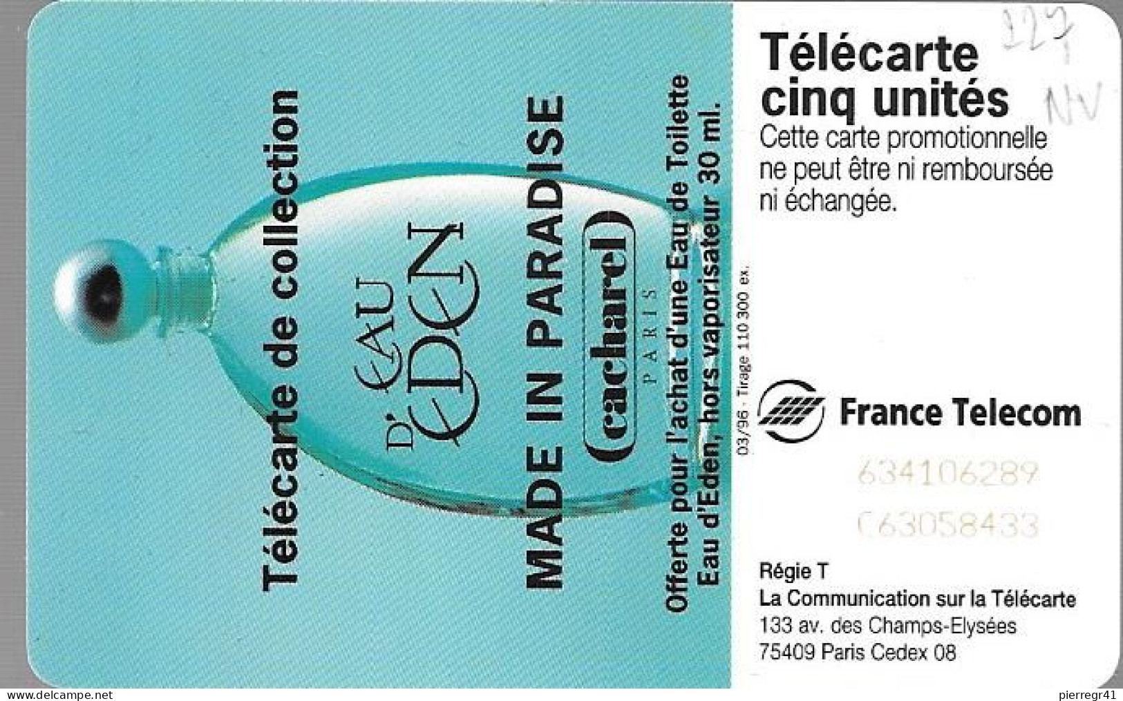 CARTE-PRIVEE-5U-GN 227-03/96-SC7-EAU D EDEN-V° N°Rge C63058433-Neuve-TB E- - 5 Unités