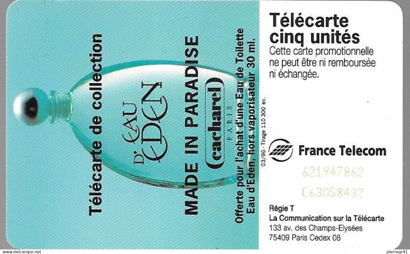 CARTE-PRIVEE-5U-GN 227-03/96-SC7-EAU D EDEN-V° N°Rge C63058432-Utilisé-TB E- - 5 Unità