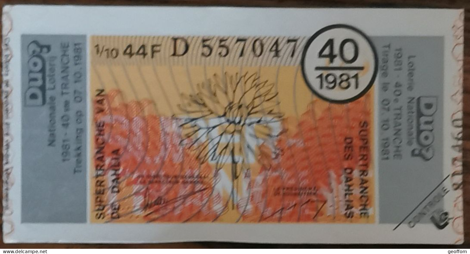 Billet De Loterie Nationale Belgique 1981 40e Tr - SuperTranche Des Dahlias  7-10-1981 - Billetes De Lotería