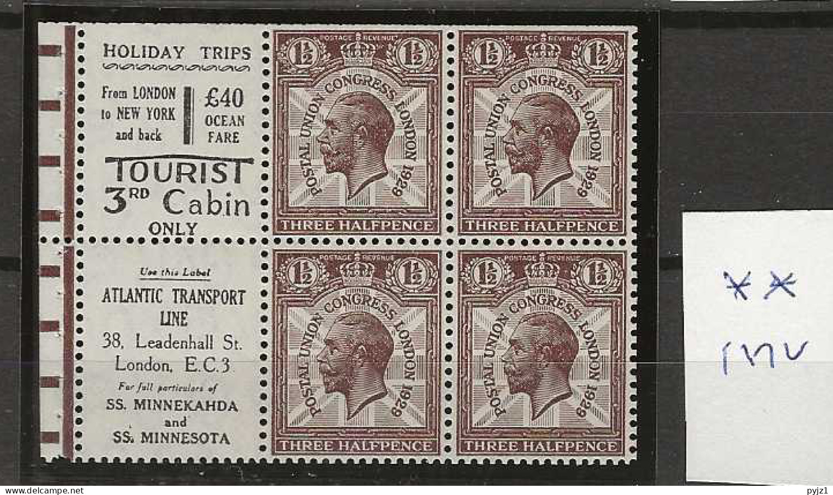 1929 MNH Great Britain SG 436b Booklet Pane - Ungebraucht