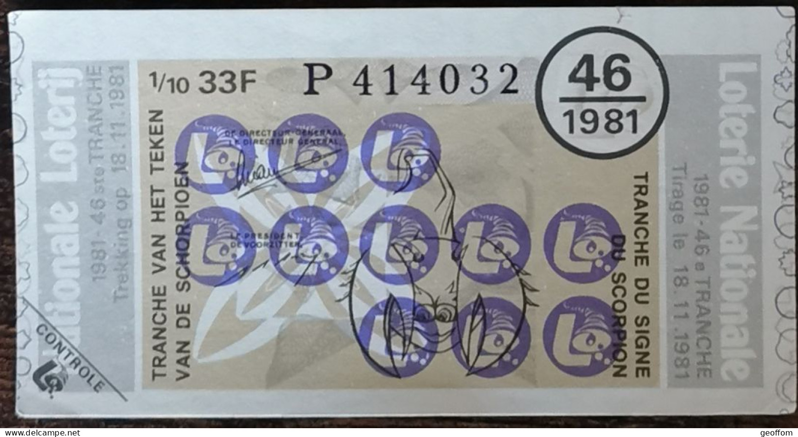 Billet De Loterie Nationale Belgique 1981 46e  Tranche Du Signe Du Scorpion - 18-11-1981 - Billetes De Lotería