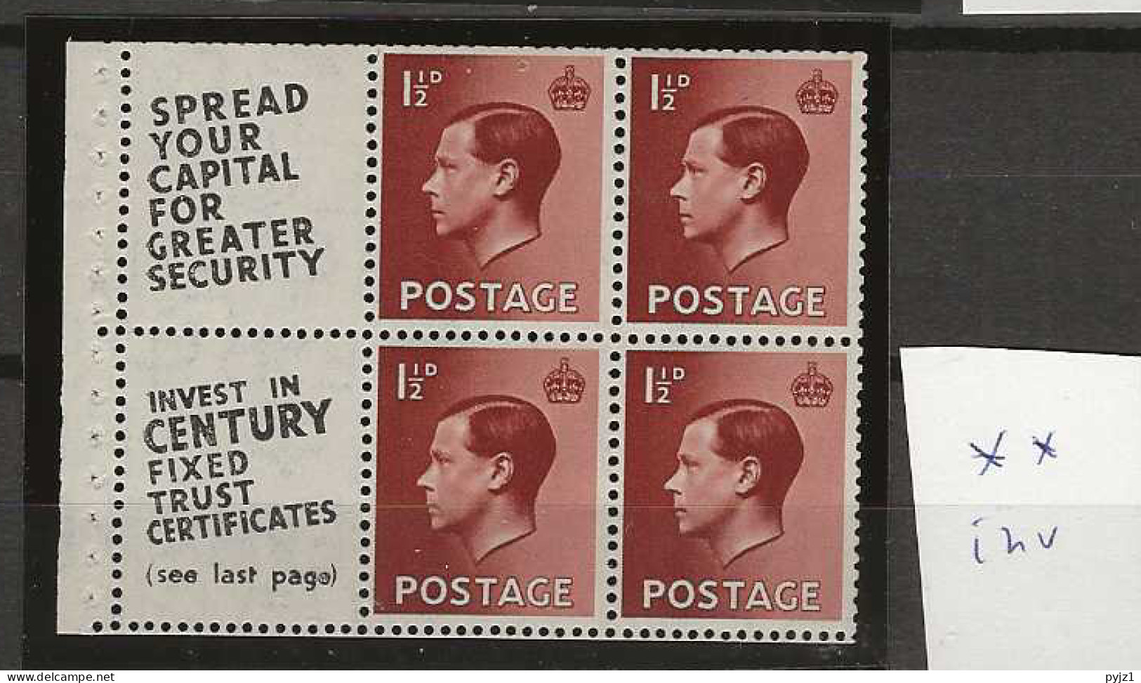 1936 MNH GB, SG 549a Booklet Pane Postfris** - Neufs